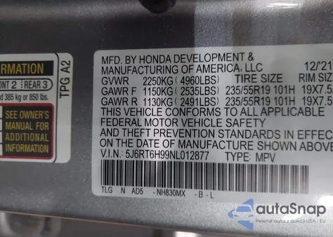 2022 Honda Cr-V Hybrid Touring from USA, damaged, VIN 5J6RT6H99NL012877
